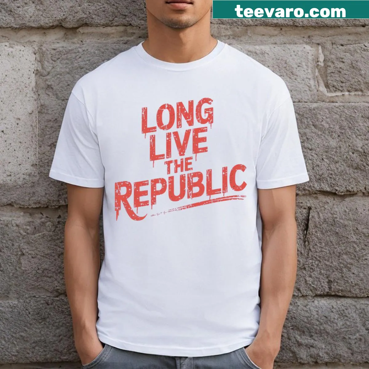 Patriotic t-shirt with bold phrase supporting the republic — on a men's t-shirt
