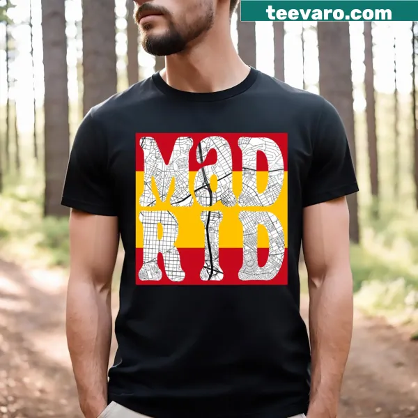 T-shirt featuring a typography city map of Madrid on flag background