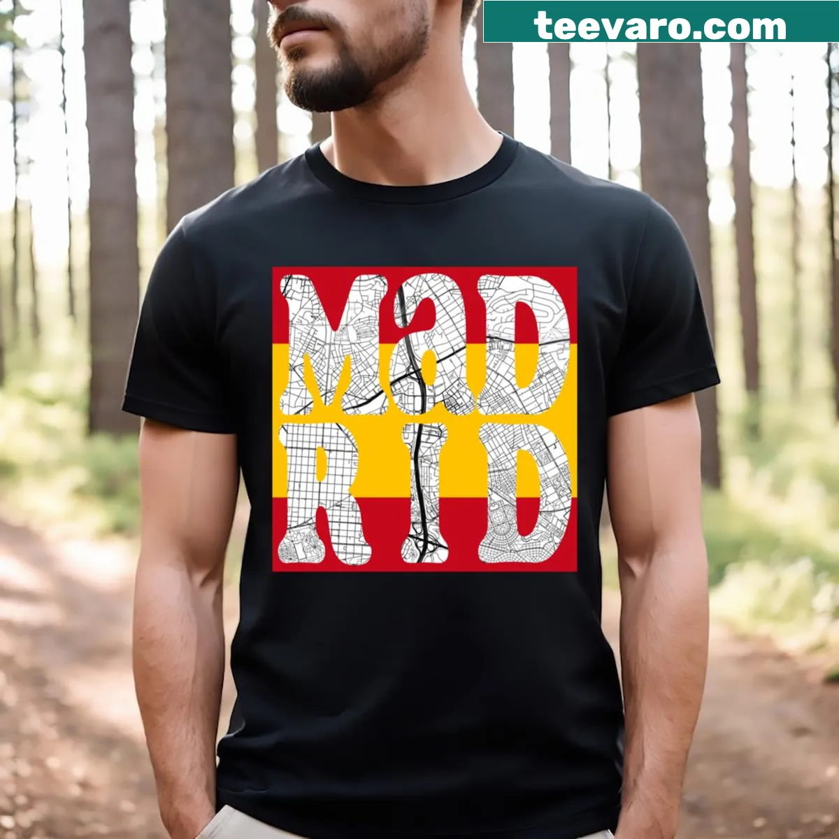 T-shirt featuring a typography city map of Madrid on flag background — on a men's t-shirt