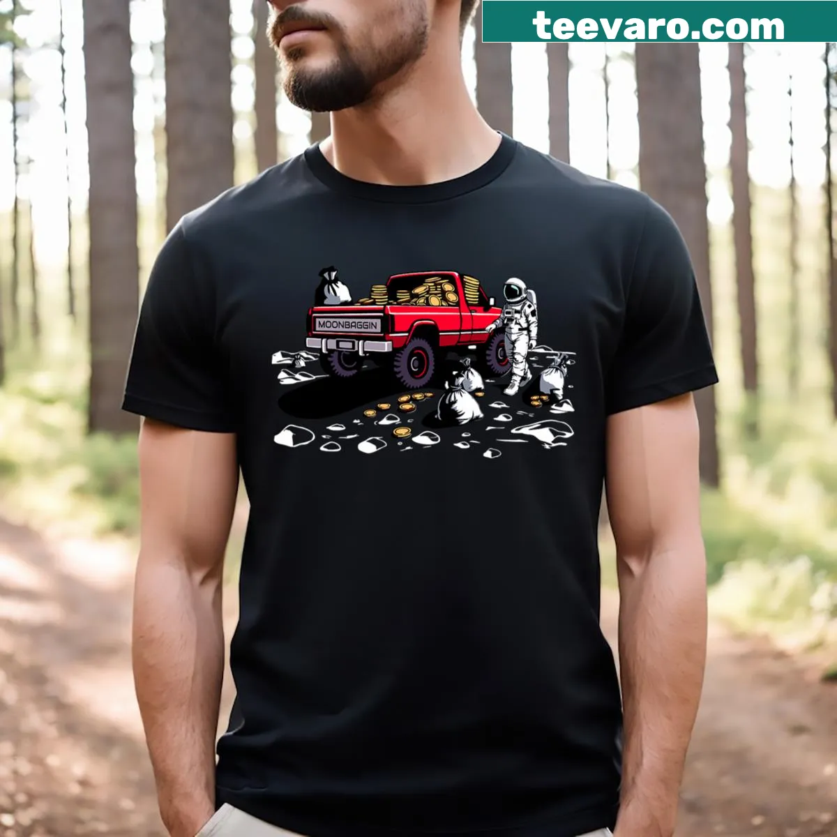 Fun graphic T-shirt featuring moonbaggin cryptocurrency design. — on a men's t-shirt