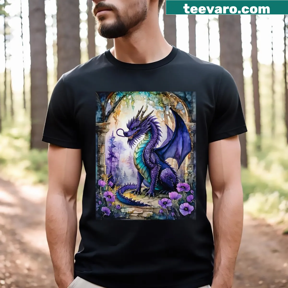 Illustrated Gothic dragon design on a T-shirt, evoking fantasy themes. — on a men's t-shirt