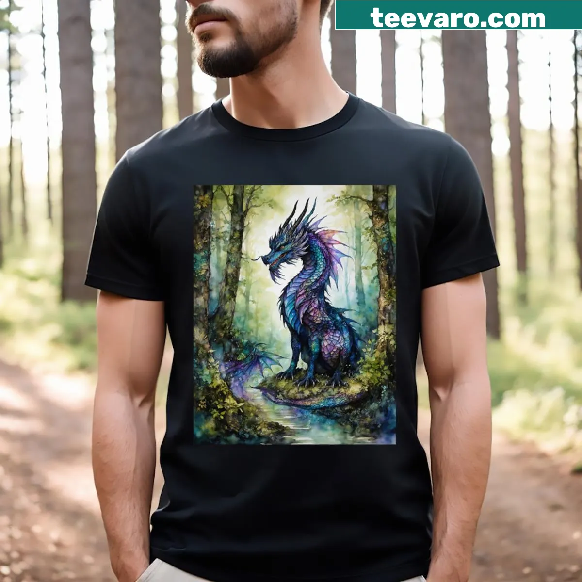 Mystical dragon graphic T-shirt in gothic style. — on a men's t-shirt