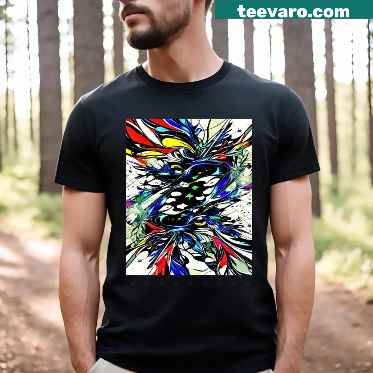 Dynamic abstract pattern T-shirt featuring nebula and camo design. — on a men's t-shirt