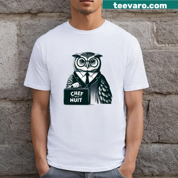 Charming owl illustration in business attire on a T-shirt.
