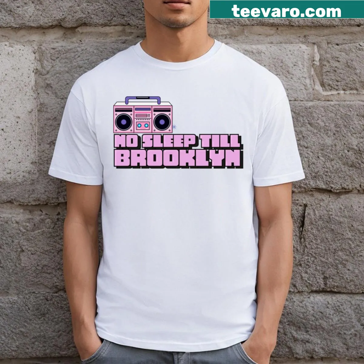 T-shirt featuring 'No Sleep Till Brooklyn' in bold typography — on a men's t-shirt