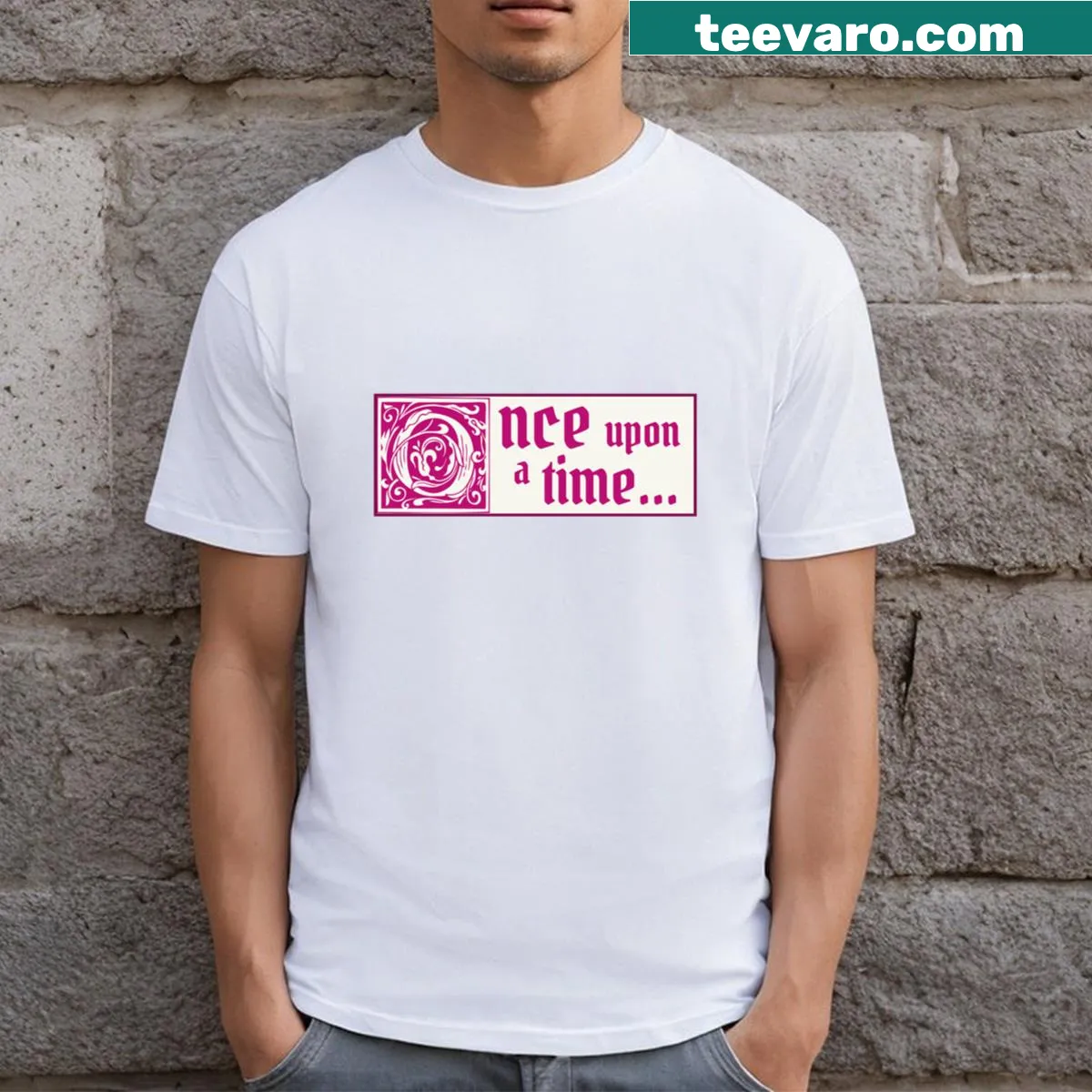 Typographic shirt with 'Once Upon A Time' phrase in whimsical script — on a men's t-shirt