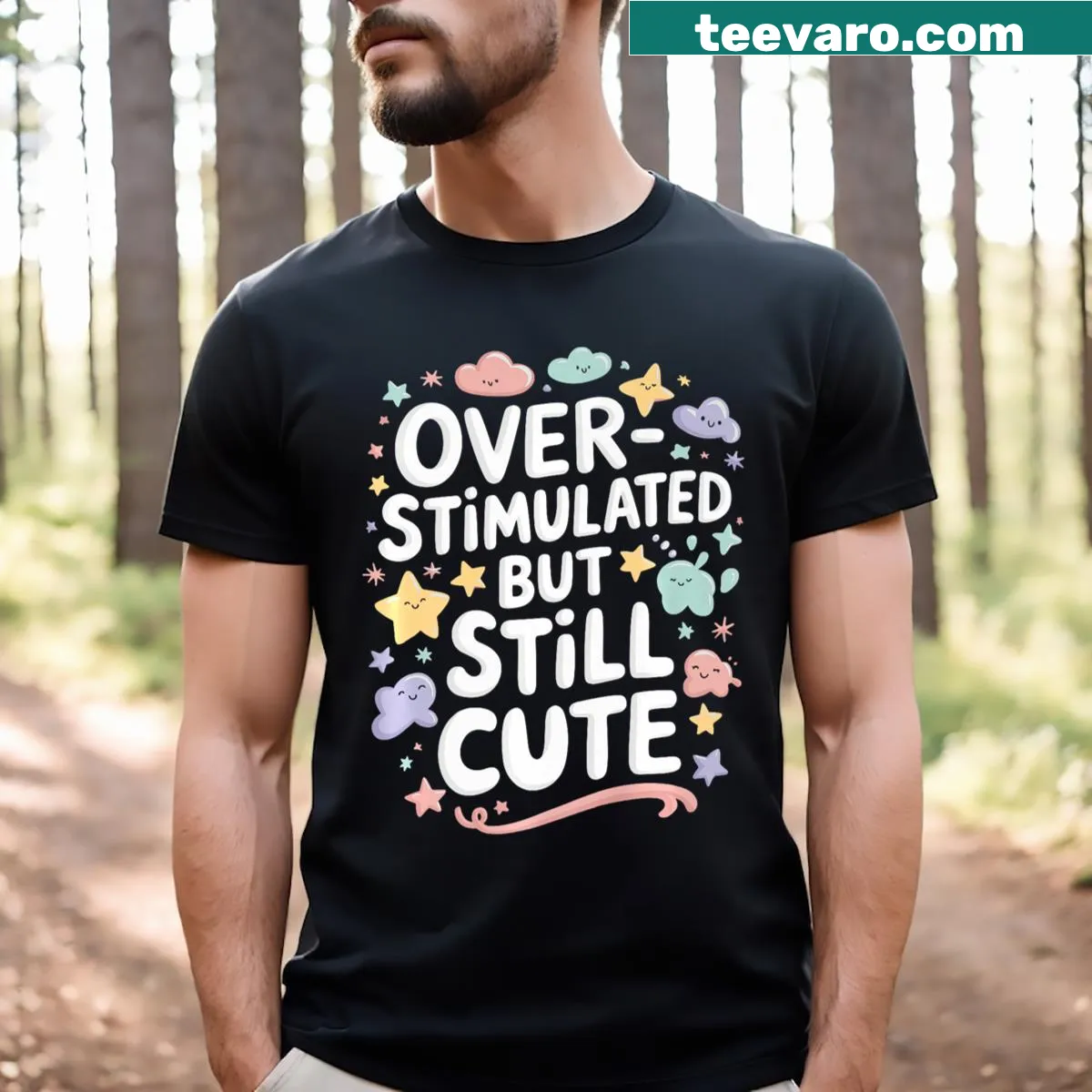 Funny t-shirt depicting overstimulation with a cute twist — on a men's t-shirt