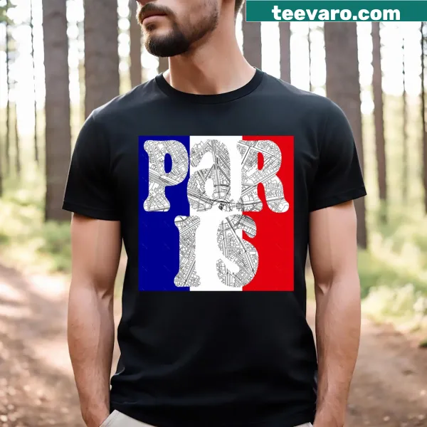 Minimalist tee featuring Paris city map typography and French flag