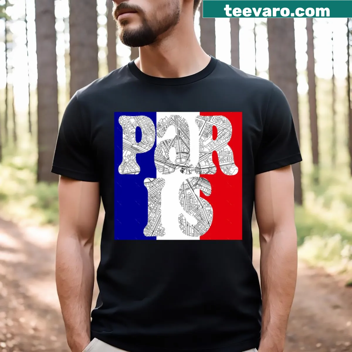 Minimalist tee featuring Paris city map typography and French flag — on a men's t-shirt