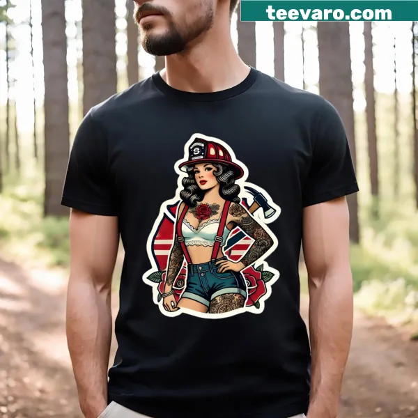 Edgy firefighter T-shirt featuring pinup-style tattooed illustration