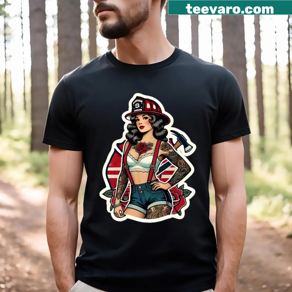 Edgy firefighter T-shirt featuring pinup-style tattooed illustration — on a men's t-shirt