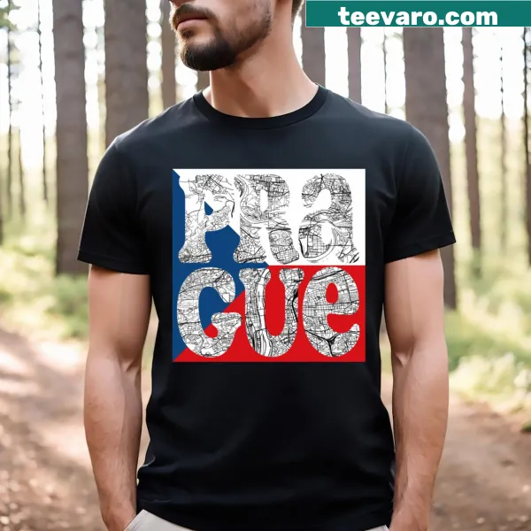 T-shirt featuring a typographic map of Prague with Czech flag
