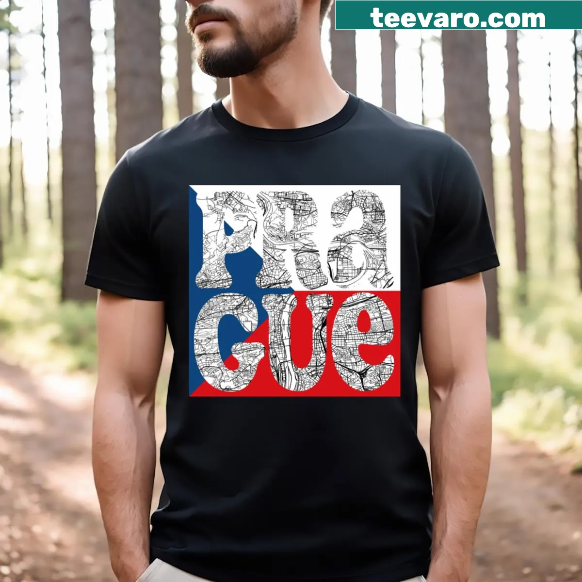 T-shirt featuring a typographic map of Prague with Czech flag — on a men's t-shirt