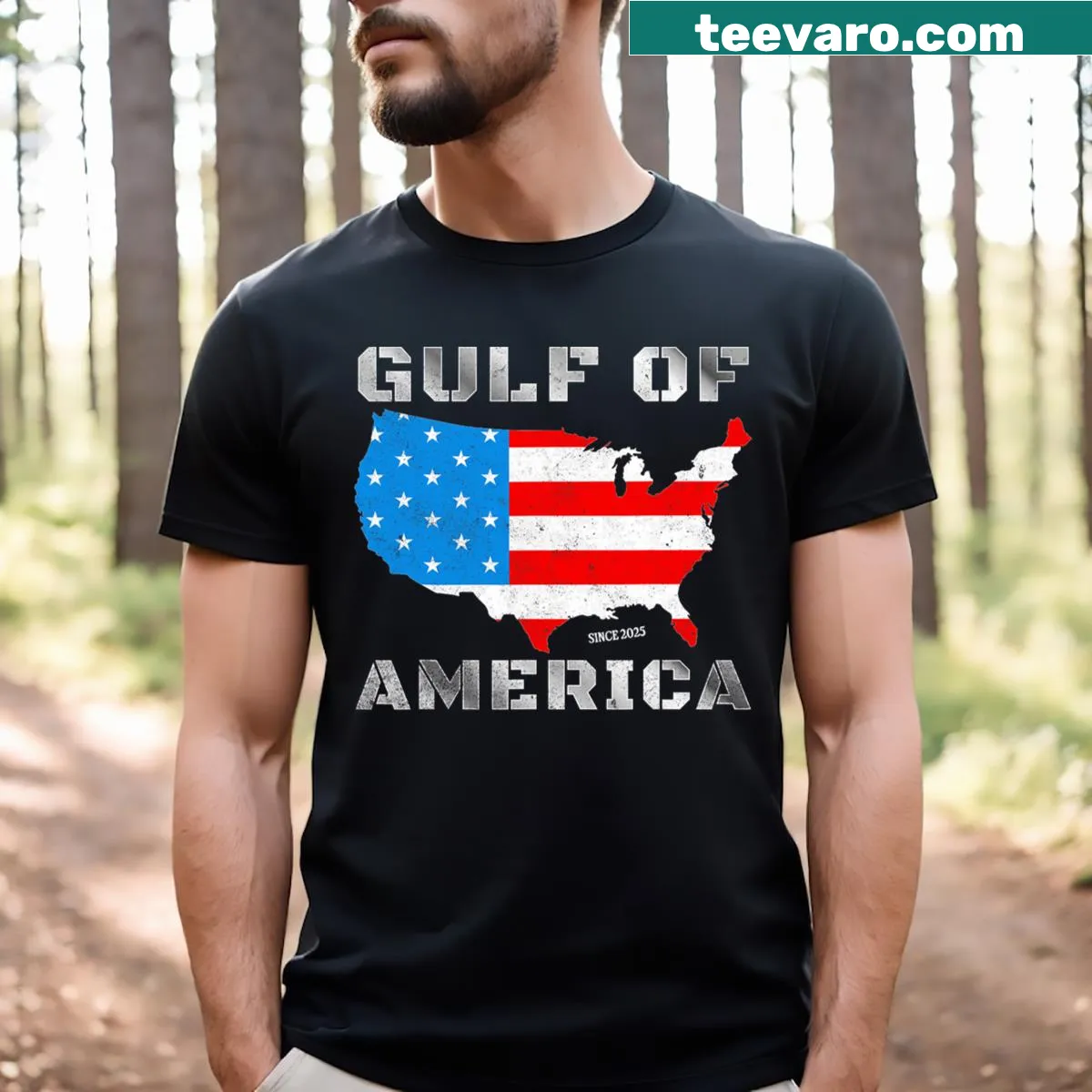 USA map T-shirt with Pro Trump theme and Gulf America illustration — on a men's t-shirt