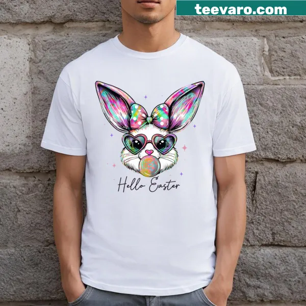 Cute rabbit blowing bubble gum with a bow for Easter T-shirt