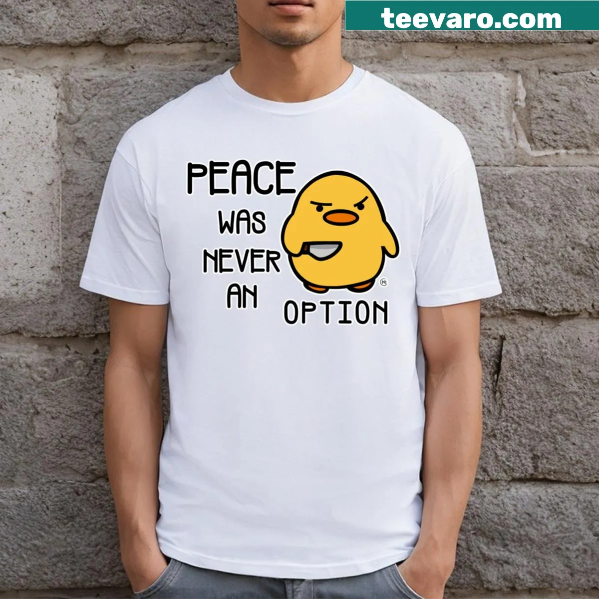 Playful cartoon T-shirt featuring a rebellious duck — on a men's t-shirt