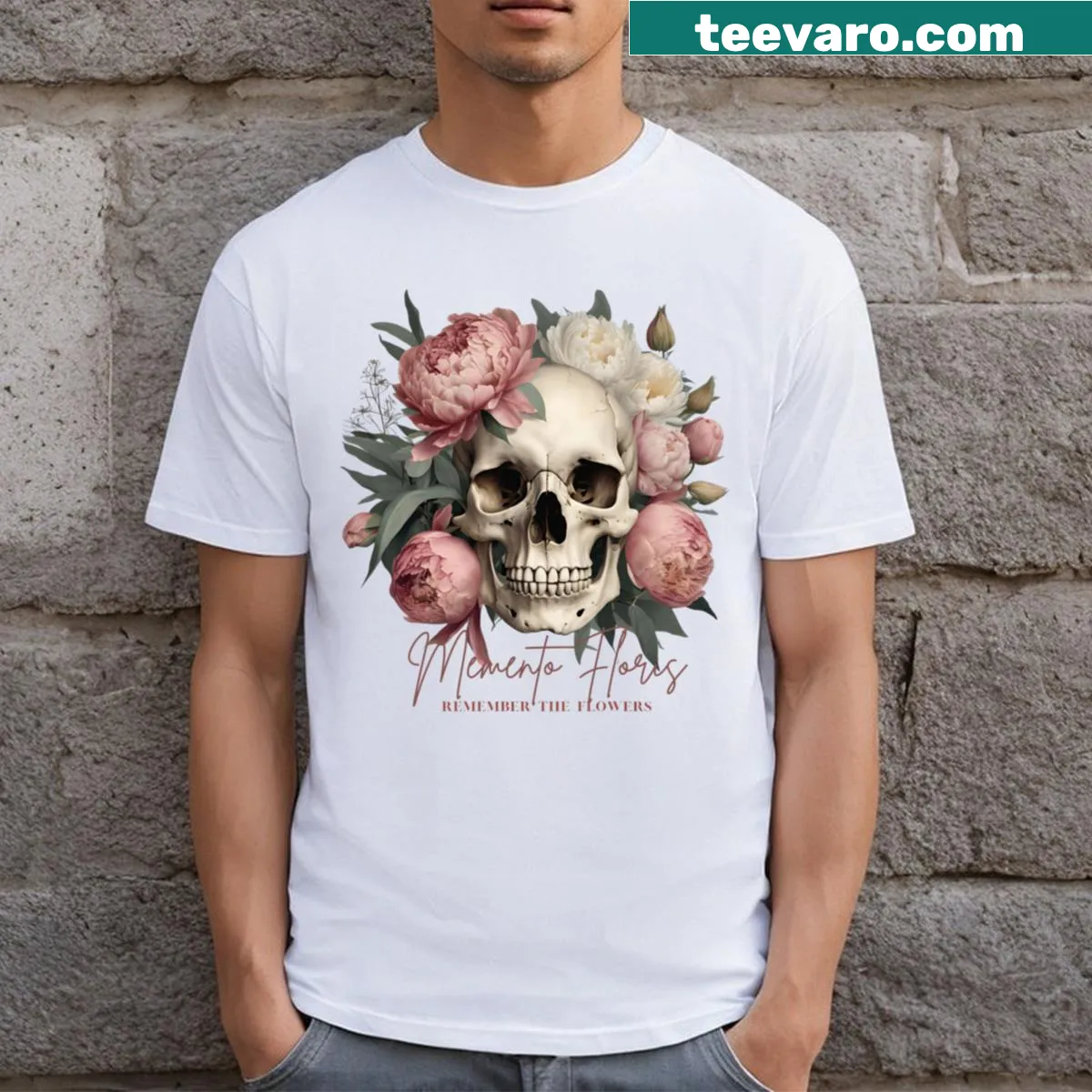T-shirt with 'Remember the Flowers' graphic — on a men's t-shirt
