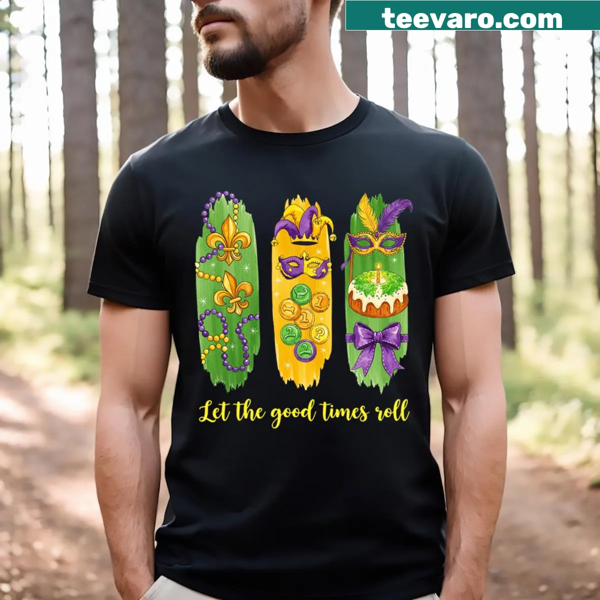 Retro Mardi Gras t-shirt with crawfish and jester beads design — on a men's t-shirt
