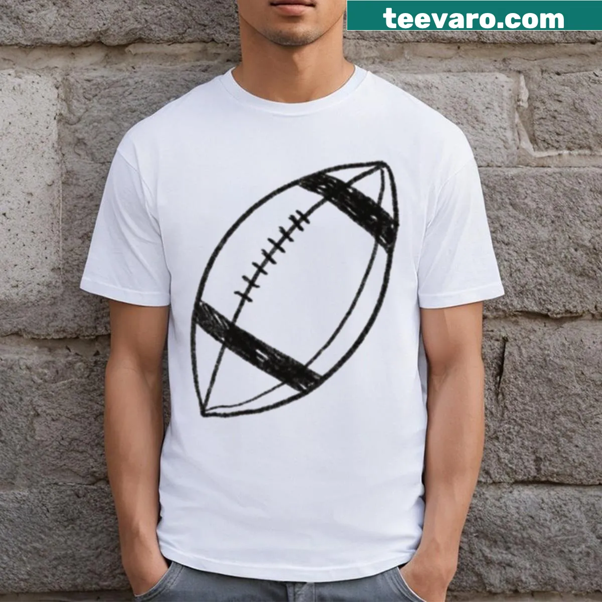 Cartoon rugby ball graphic t-shirt — on a men's t-shirt