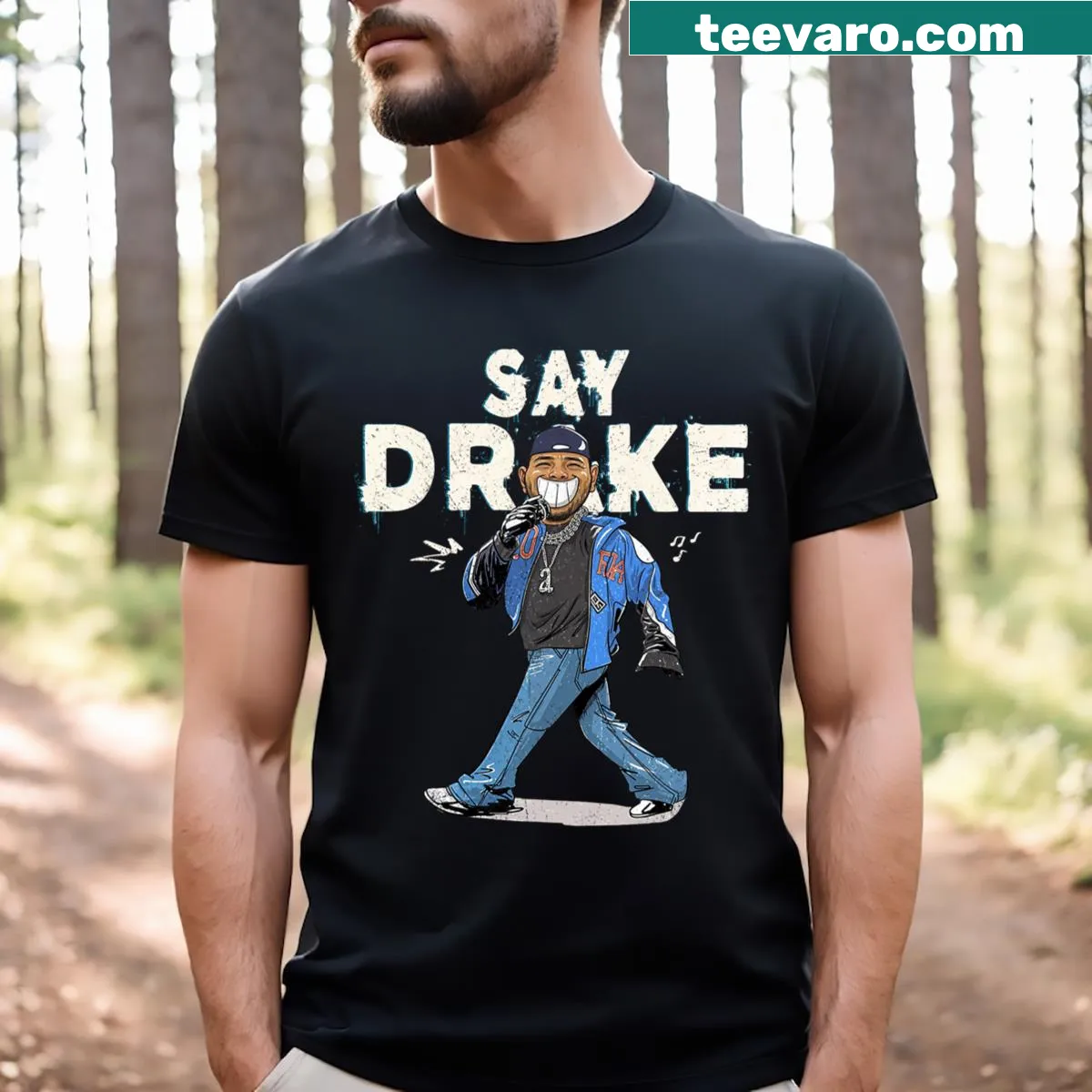 Say Drake t-shirt featuring playful text for men — on a men's t-shirt
