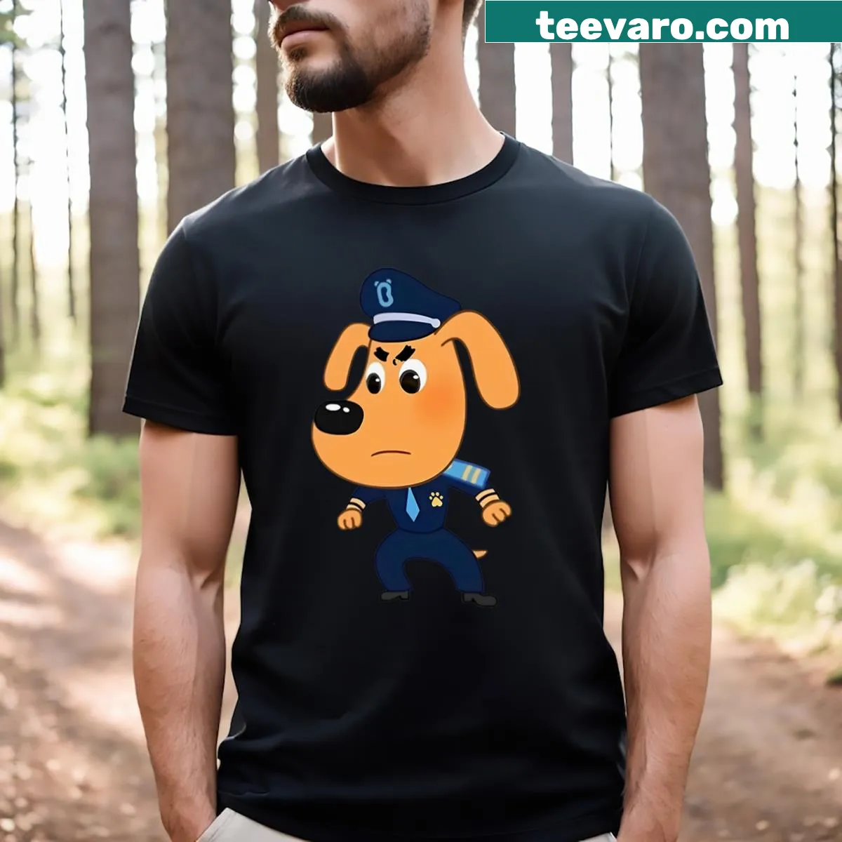 Playful t-shirt featuring a Labrador dog in sheriff costume — on a men's t-shirt