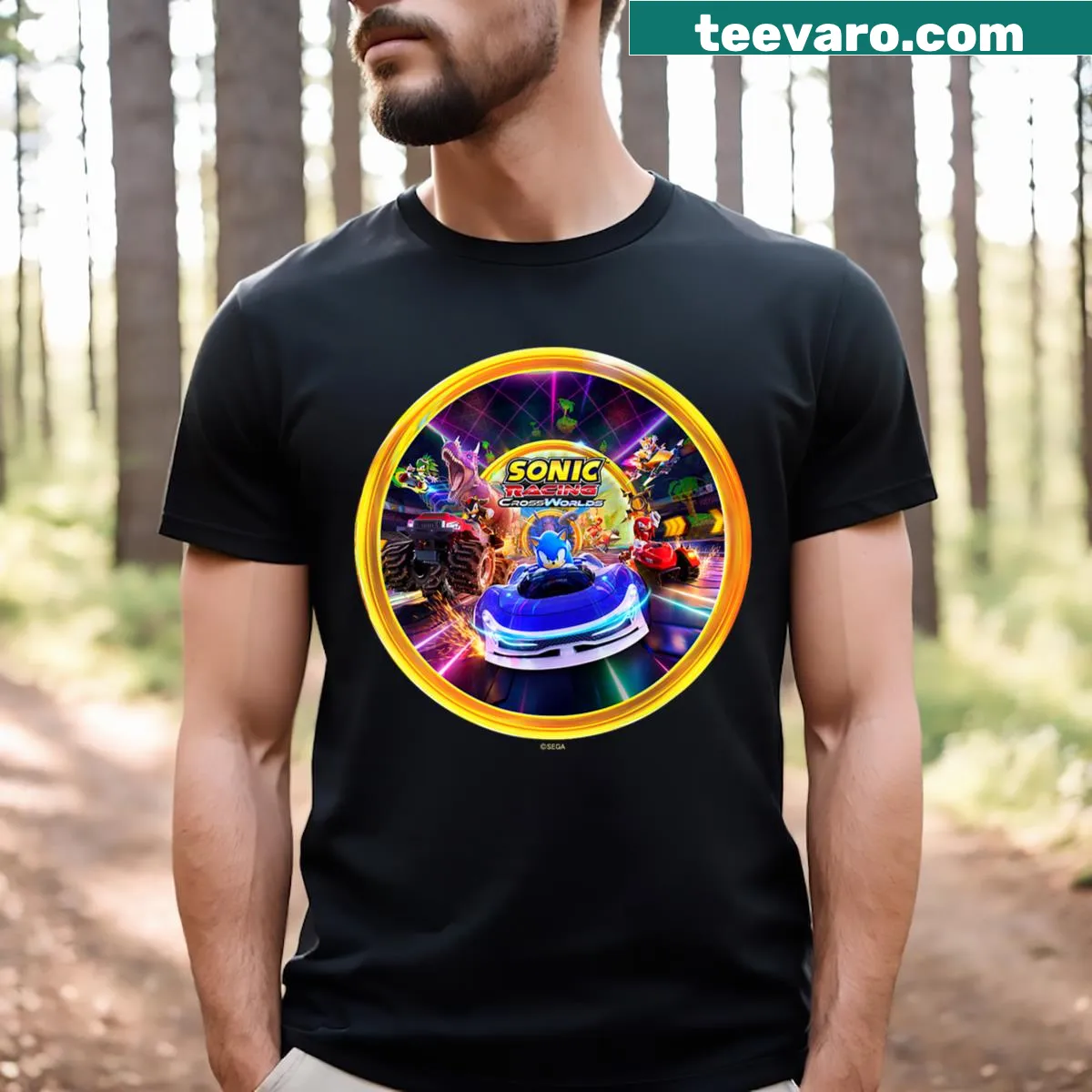 Sonic Racing Crossworlds key art on T-shirt — on a men's t-shirt