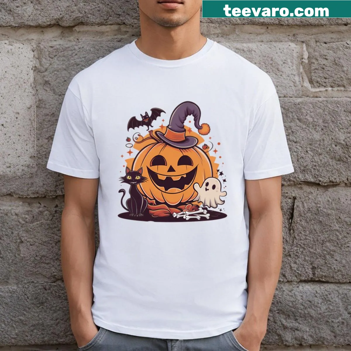 Cartoon Halloween squad T-shirt with ghosts and ghouls for spooky fun — on a men's t-shirt