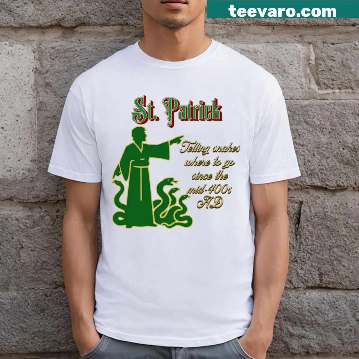 St. Patrick's Day shirt with a playful illustration of a snake being driven out — on a men's t-shirt