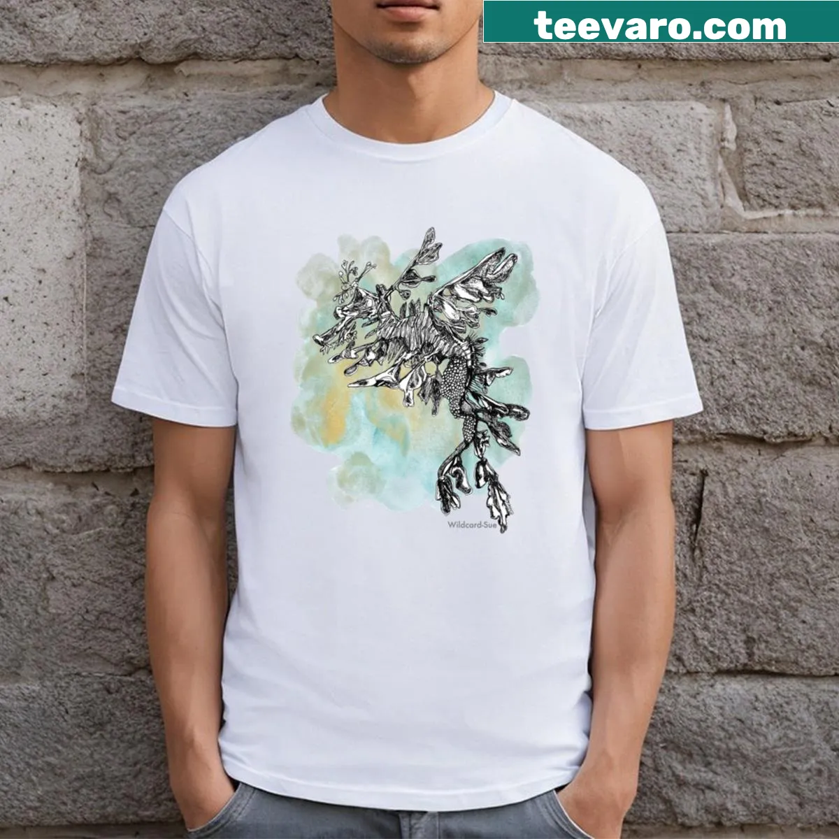 Playful leafy seadragon illustration on t-shirt — on a men's t-shirt