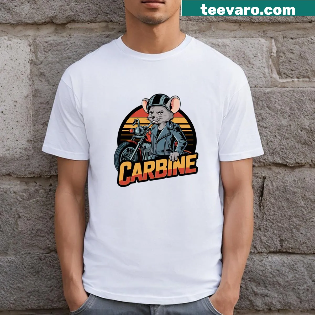 Cartoon biker mouse on motorcycle graphic t-shirt — on a men's t-shirt