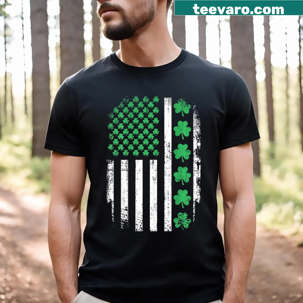St. Patrick's Day T-shirt with Irish and USA flag graphics. — on a men's t-shirt