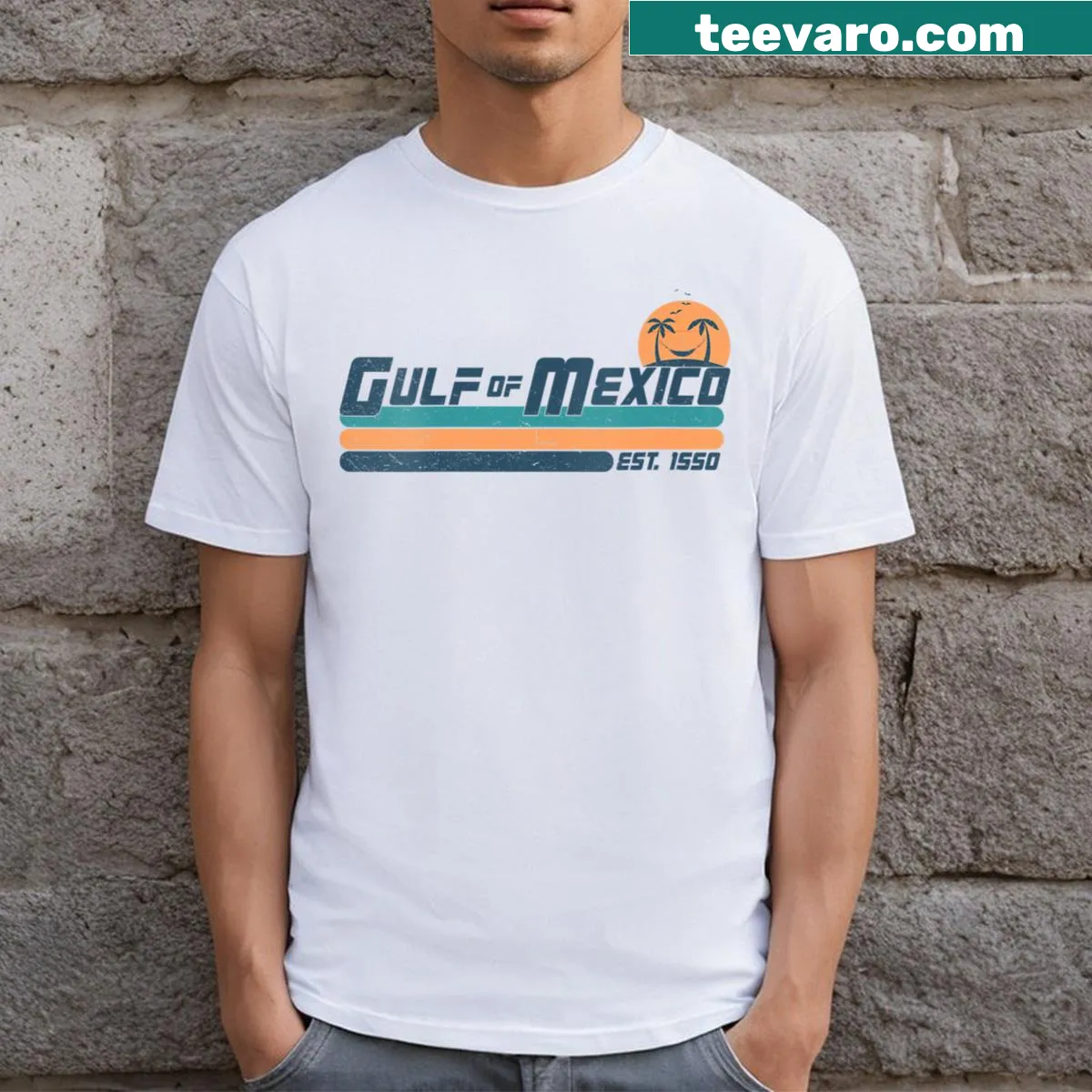 Beach and palm graphic t-shirt inspired by Gulf of Mexico — on a men's t-shirt