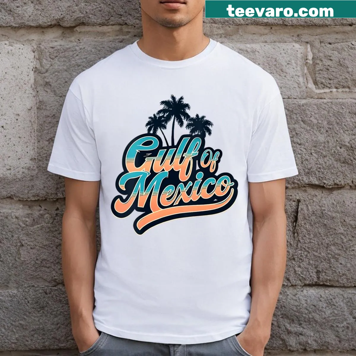 Illustrative palm tree design for Gulf Of Mexico summer vacation — on a men's t-shirt