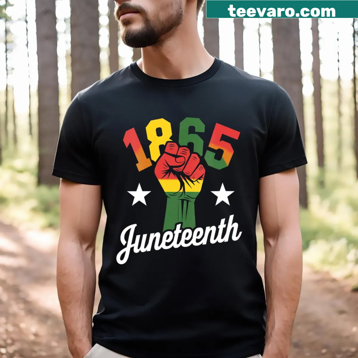 Juneteenth themed V-neck T-shirt celebrating African American history — on a men's t-shirt