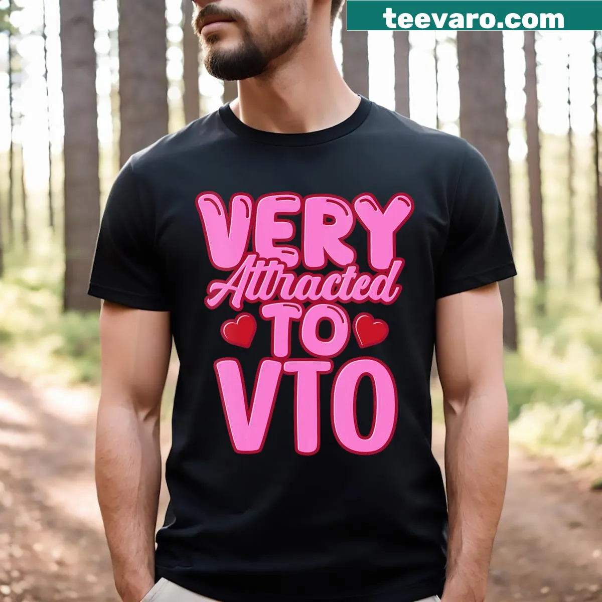 Playful V-neck t-shirt with the phrase 'Very Attracted To VTO' for coworkers — on a men's t-shirt