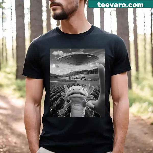Cartoon axolotl and UFO selfie graphic on T-shirt