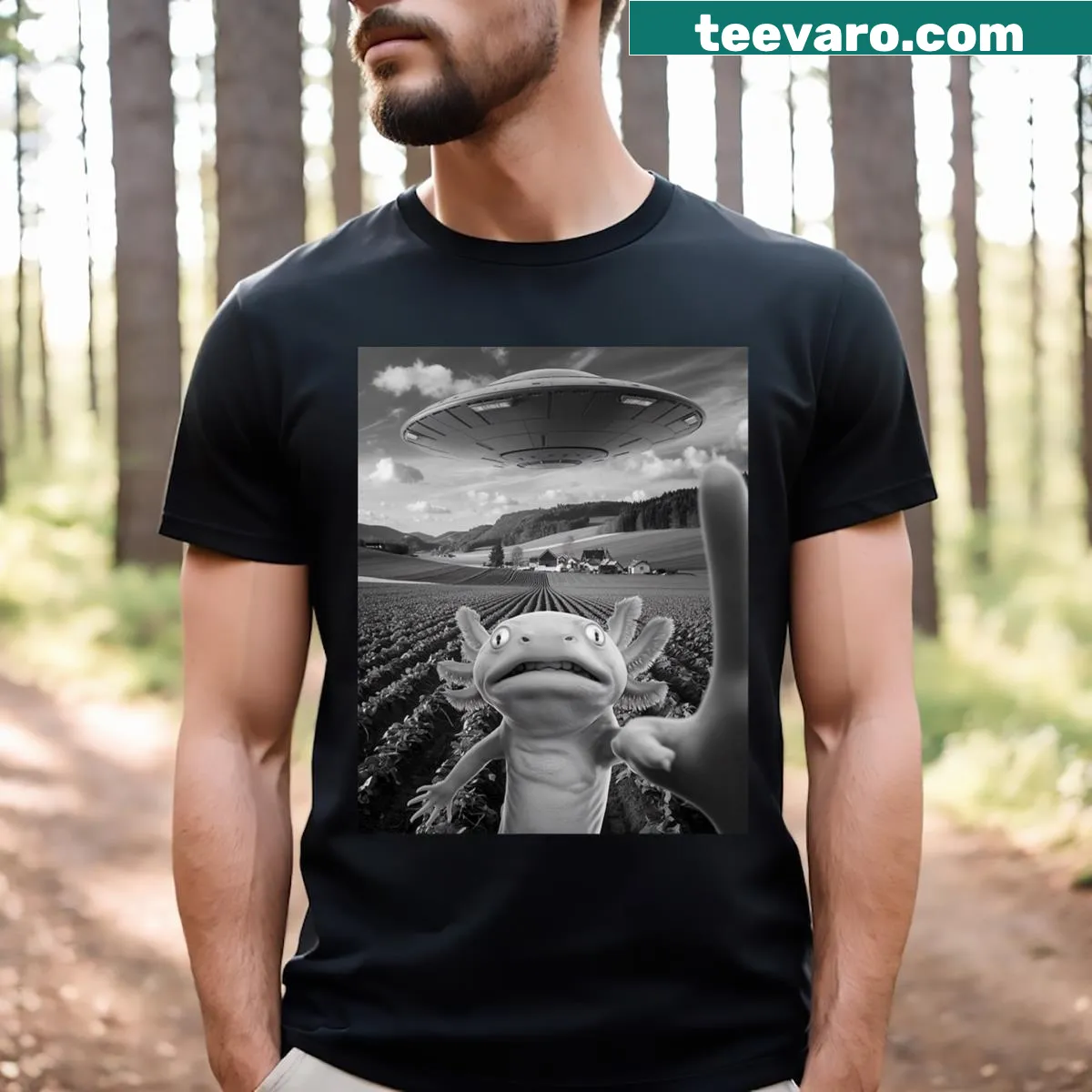 Cartoon axolotl and UFO selfie graphic on T-shirt — on a men's t-shirt