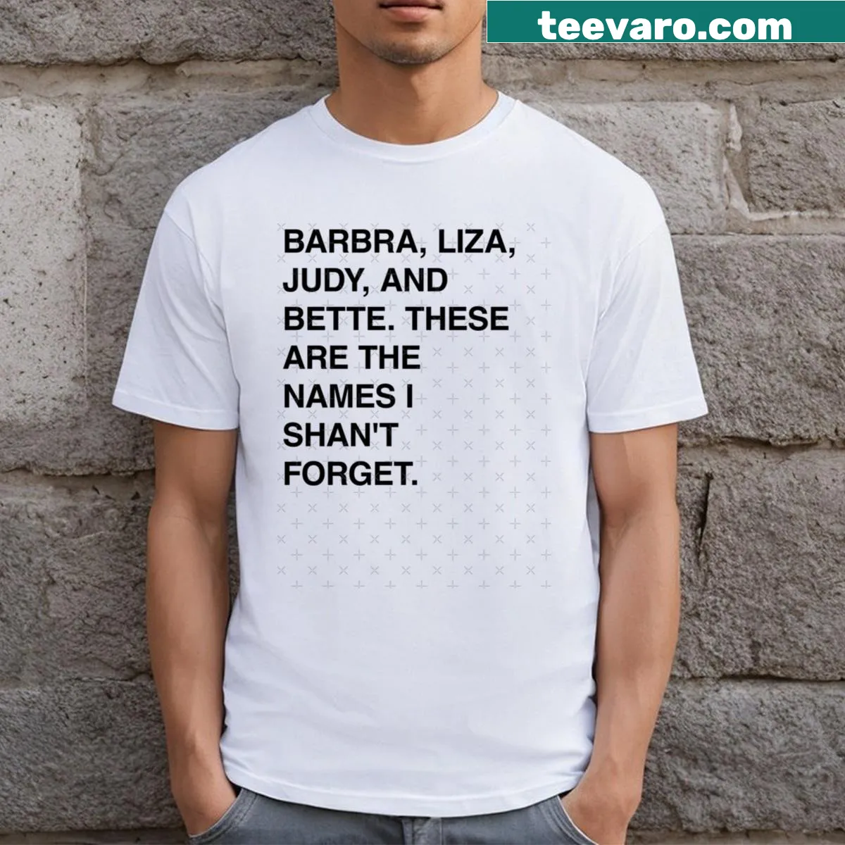 Tribute t-shirt featuring names of iconic performers Barbra, Liza, Judy, and Bette — on a men's t-shirt