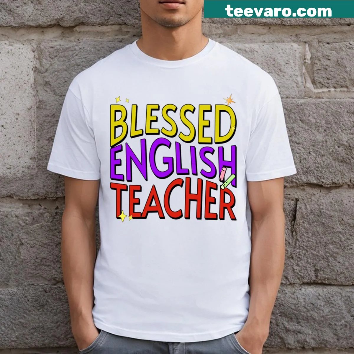 Blessed English Teacher text on women's t-shirt — on a men's t-shirt