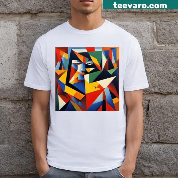 Abstract geometric face t-shirt with bold lines and shapes.