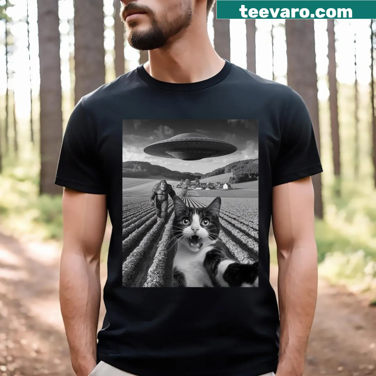 Humorous cat taking a selfie with an alien and UFO graphic T-shirt — on a men's t-shirt