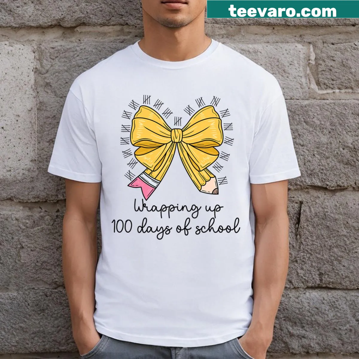 Illustrated T-shirt for teachers celebrating the 100th day of school — on a men's t-shirt