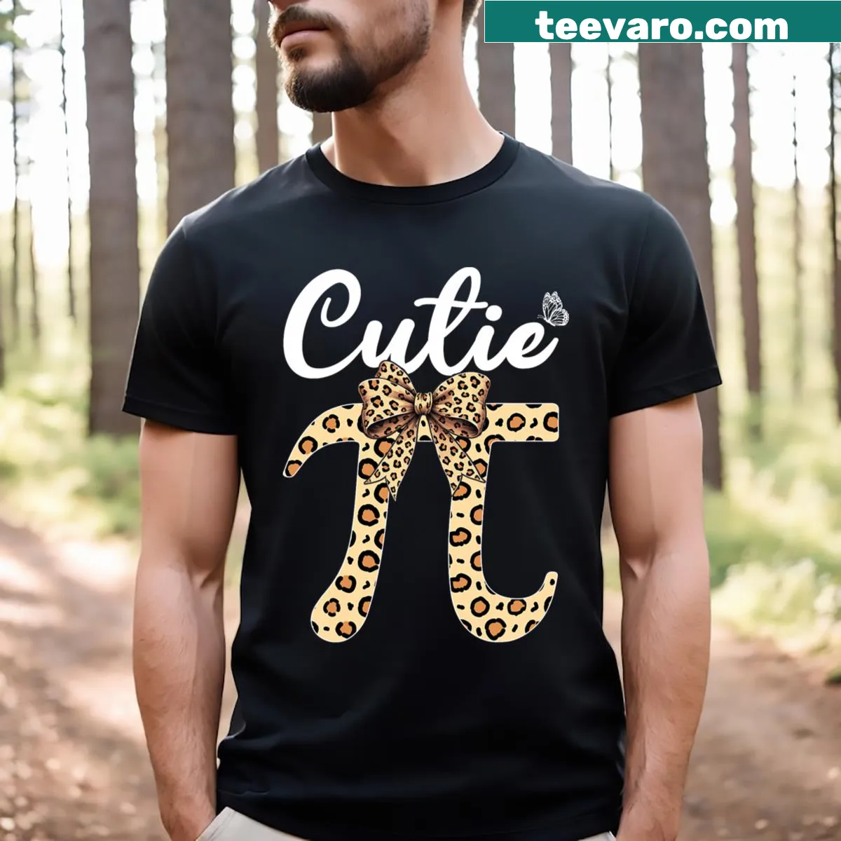 Cute Pi Day t-shirt for math teachers with leopard print and bow — on a men's t-shirt