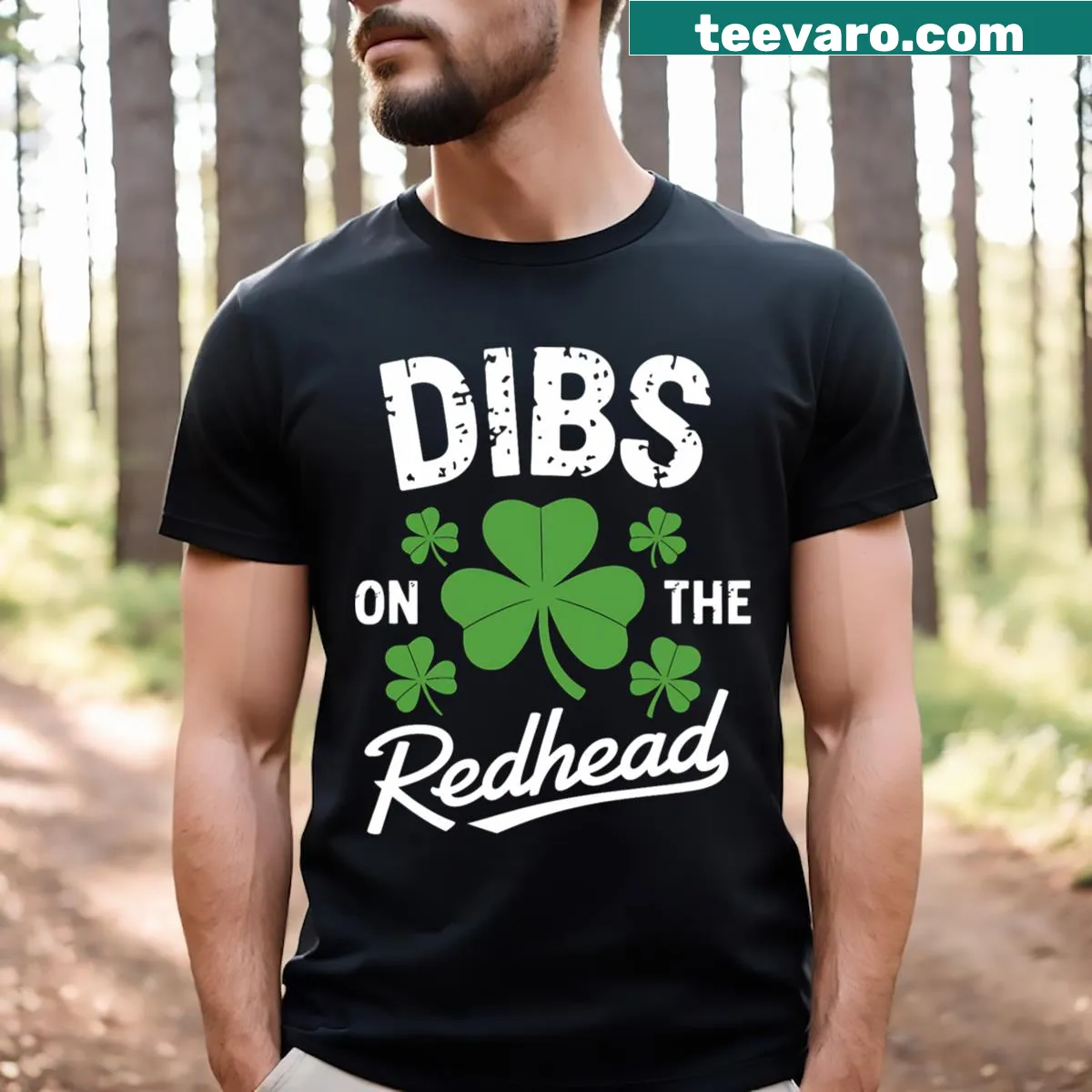 Funny St Patrick's Day shirt with 'Dibs On The Redhead' text — on a men's t-shirt