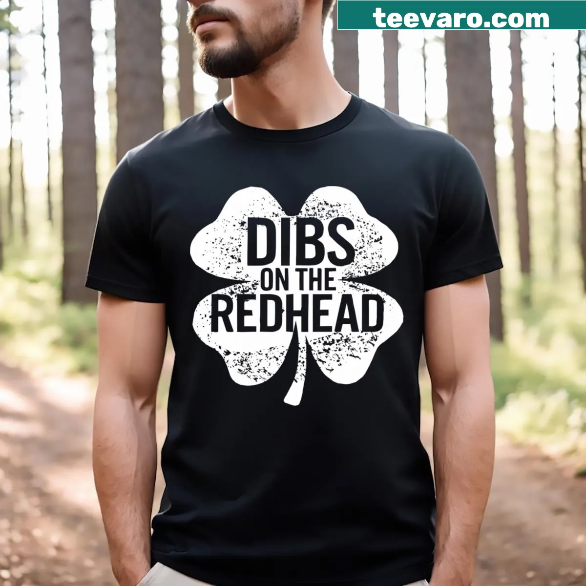 Shamrock-themed t-shirt humorously declaring dibs on a redhead. — on a men's t-shirt