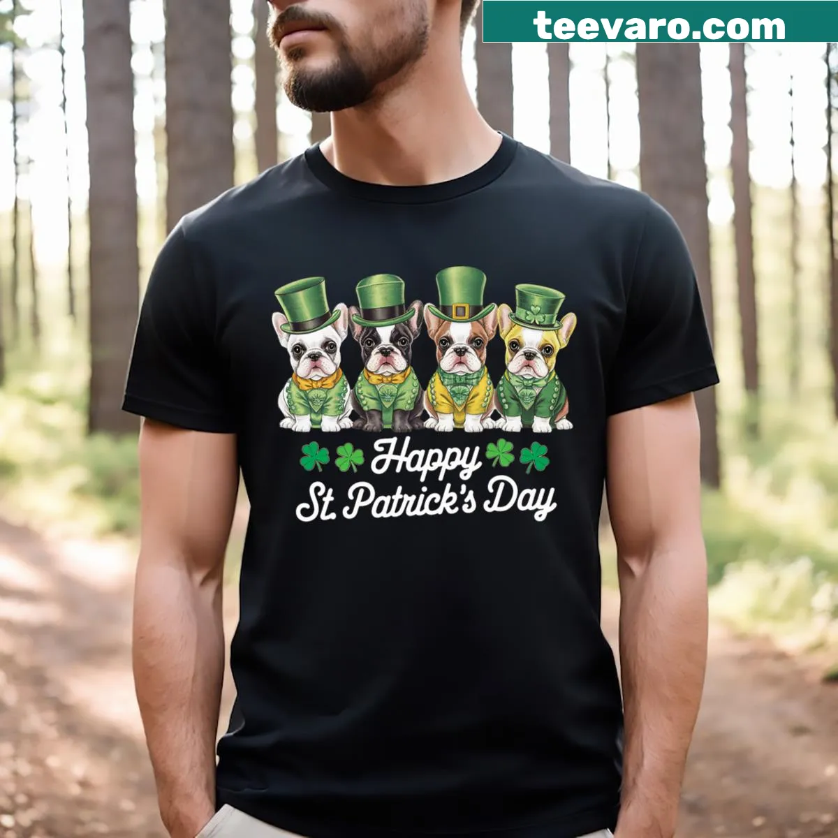 St. Patrick's Day t-shirt with French Bulldogs graphic — on a men's t-shirt