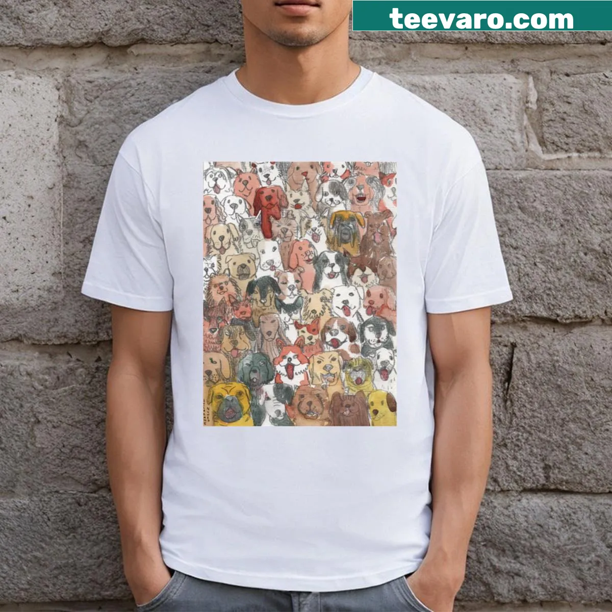 Charming t-shirt featuring a playful graphic of dogs. — on a men's t-shirt