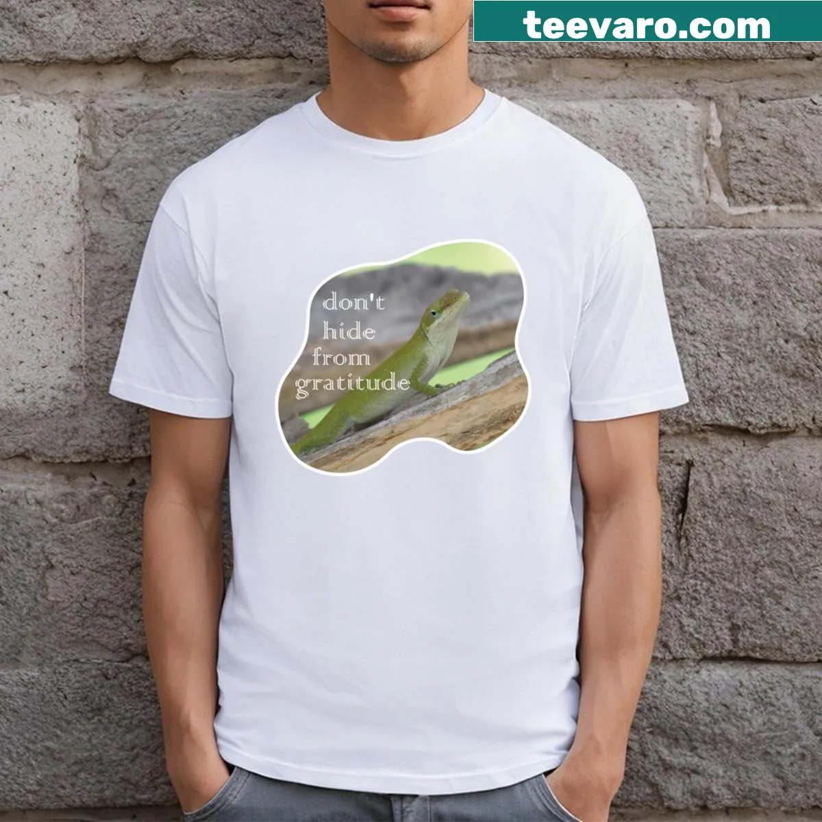 T-shirt with text 'Don't Hide From Gratitude' in bold letters — on a men's t-shirt