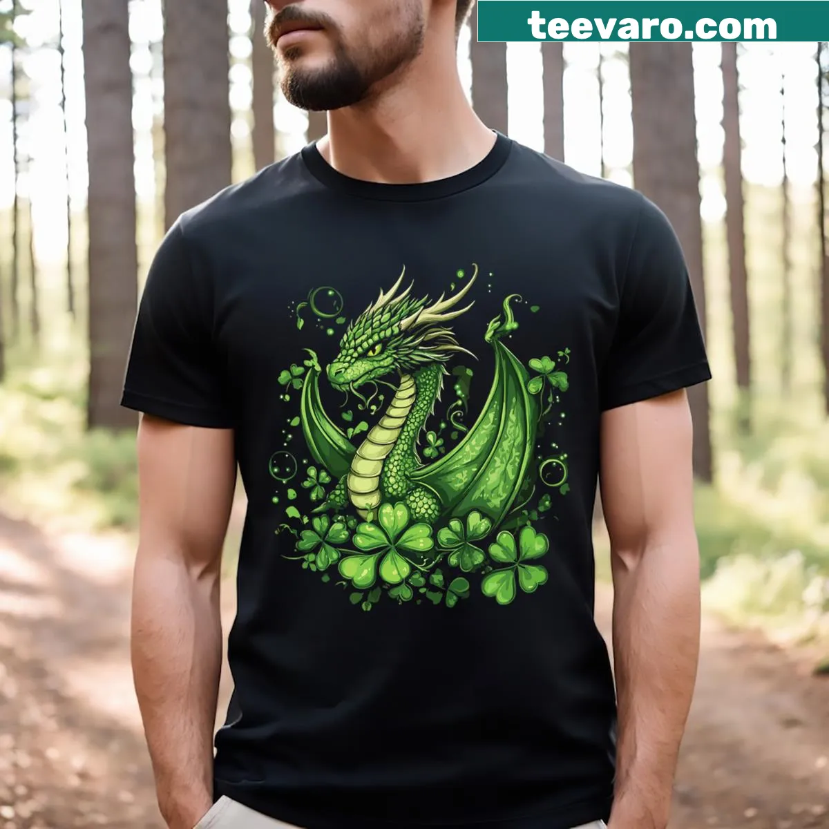 T-shirt featuring a dragon and shamrocks for St. Patrick's Day — on a men's t-shirt