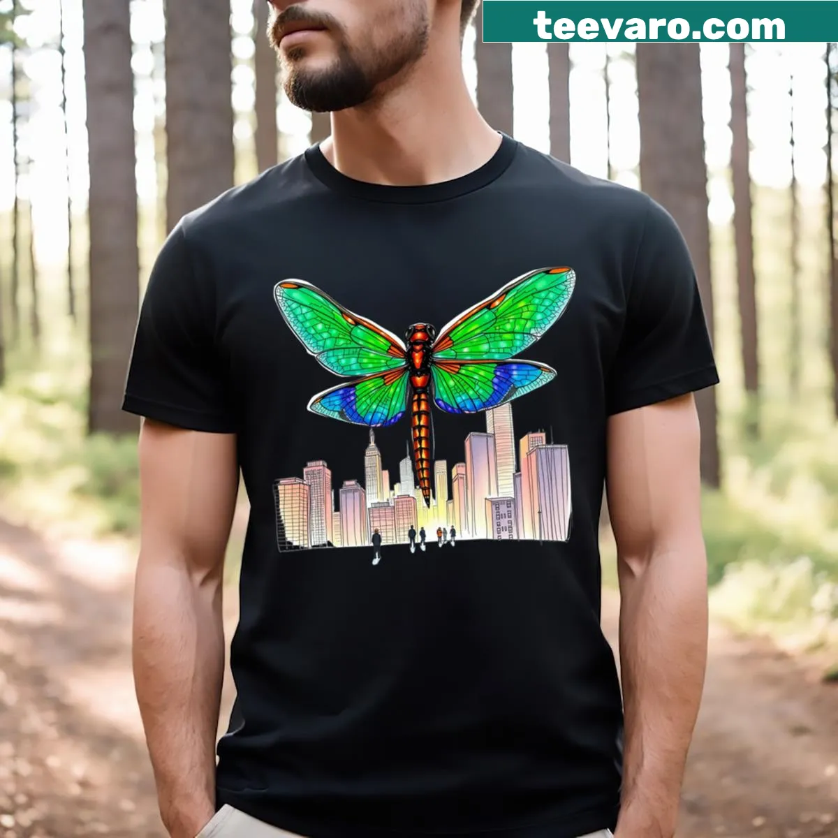 T-shirt with an illustration of a dragonfly in an urban setting — on a men's t-shirt